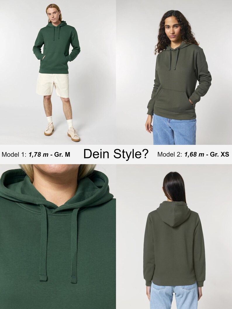 Może przedstawiać: Dwie modelki w ciemnozielonej bluzie z kapturem. Bluza ma kaptur ze sznurkiem i kieszeń kangurkę. Wizerunek zawiera tekst "Dein Style?"