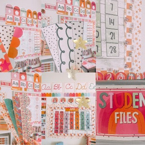 May include: A collage of classroom decor elements. Includes alphabet cards, calendar, and decorative borders with patterns like stars, flowers, and scalloped edges. The color palette features pink, orange, and green accents, creating a cheerful and organized learning environment.
