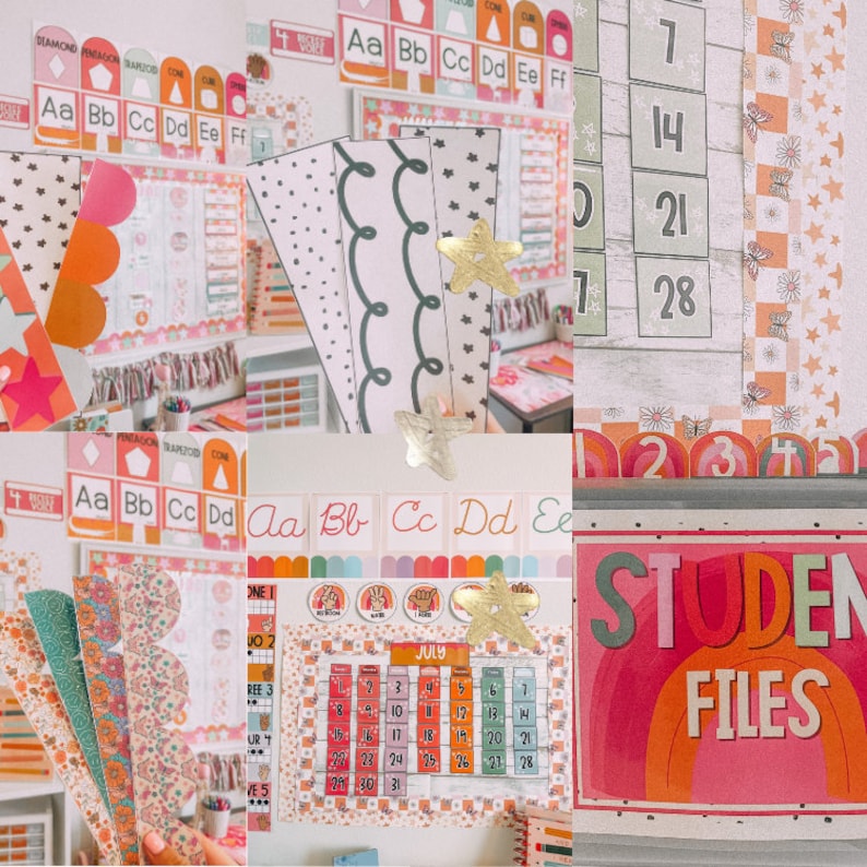 May include: A collage of classroom decor elements. Includes alphabet cards, calendar, and decorative borders with patterns like stars, flowers, and scalloped edges. The color palette features pink, orange, and green accents, creating a cheerful and organized learning environment.