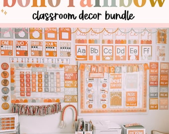 Boho Regenbogen Klassenzimmer Dekor Bundle, bearbeitbar, ruhiges Klassenzimmer Dekor, Klassenzimmer Organisation, neutrales Klassenzimmer, Grundstufe, bearbeitbares Dekor