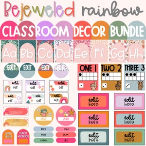 May include: A classroom decor bundle with a rainbow theme. The image includes alphabet letters, number charts, editable labels, and monthly calendar templates. The design features floral patterns, rainbows, and the text "Bejeweled Rainbow Classroom Decor Bundle."