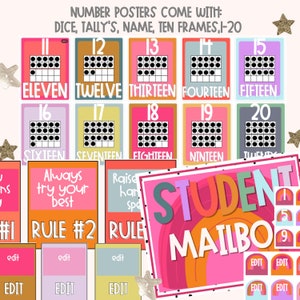 May include: A collection of colorful educational posters featuring numbers 11-20 with ten frames, dice, and the written number. Also included are classroom rules and a "Student Mailbox" sign, all in a bright, playful design.