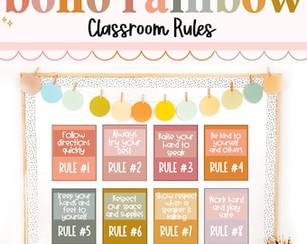 Klassenregeln, Klassenposter, bearbeitbare Poster, Boho Regenbogen, Klassenzimmerorganisation, Klassenzimmerdekor, Klassenzimmermanagement, Schulanfang