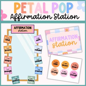 affirmation station, positive affirmations, classroom affirmation wall, pastel classroom, floral classroom decor, editable affirmation cards