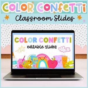 以下が含まれることがあります： Color Confetti editable slidesというタイトルのデジタルプレゼンテーションを表示するノートパソコン。画面はグリッド背景で、地球儀、虹、リンゴ、糊、ジュース、ホッチキスのカラフルな漫画風イラストが描かれており、それぞれに笑顔の表情がついています。