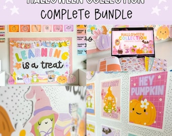 Puede incluir: Un conjunto temático de Halloween con el texto "HALLOWEEN COLLECTION COMPLETE BUNDLE". La imagen incluye un tablón de anuncios con el texto "LEARNING is a treat", y varias pegatinas y decoraciones temáticas de Halloween.