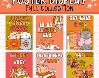 May include: A collection of six fall-themed posters with retro designs. The posters feature phrases like "Pumpkin Spice Season" and "Fall in Love with Learning," along with illustrations of coffee mugs, books, and butterflies. The color palette includes orange, pink, and green.