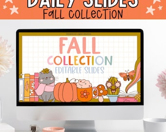 Op de afbeelding: Een computerscherm waarop een kleurrijke digitale diavoorstelling wordt weergegeven met de tekst "Fall Collection Editable Slides". Het scherm staat op een wit bureau met een stapel boeken, een roze kom en een witte mok.