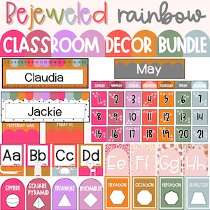 May include: A classroom decor bundle with a rainbow theme. Includes name tags, a calendar, alphabet cards, and shape cards. The text includes "Bejeweled rainbow", "CLASSROOM DECOR BUNDLE", and names "Claudia" and "Jackie".
