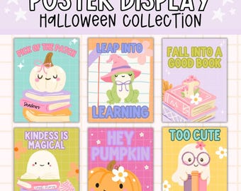 May include: A collection of six colorful Halloween-themed posters. Each poster features cute illustrations of pumpkins, ghosts, and frogs with text like "Pick of the Patch" and "Too Cute to Spook". The posters are designed for display.