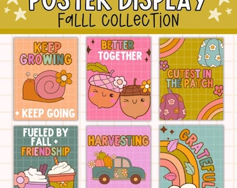 May include: A collection of six fall-themed posters with whimsical illustrations and text. The posters feature a snail, acorns, pumpkins, a coffee drink, a truck, and a rainbow, with phrases like "Keep Growing" and "Good Vibes."