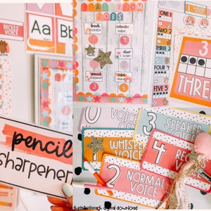 May include: A collection of colorful classroom decor items, including job charts, voice level charts, and number cards. The designs feature pastel colors, stars, and playful fonts. The image includes the text "pencil sharpener".