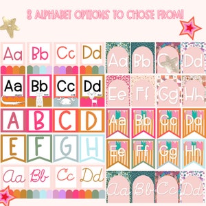 May include: A collection of alphabet options in various styles. The image features multiple sets of letter cards, including uppercase and lowercase letters, with illustrations of animals. The text at the top reads "8 ALPHABET OPTIONS TO CHOSE FROM!"
