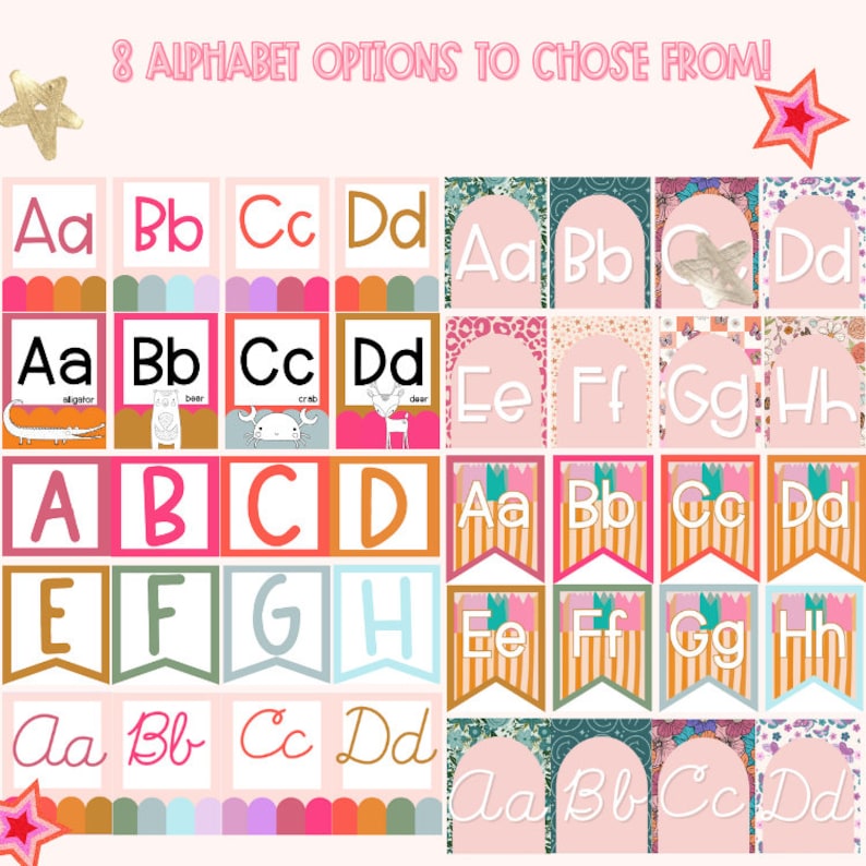 May include: A collection of alphabet options in various styles. The image features multiple sets of letter cards, including uppercase and lowercase letters, with illustrations of animals. The text at the top reads "8 ALPHABET OPTIONS TO CHOSE FROM!"