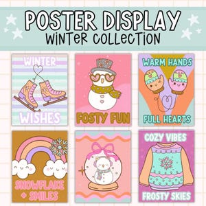 May include: Six printable winter-themed posters with illustrations and text. The posters feature a snowman, ice skates, mittens, a rainbow, a snow globe, and a sweater. The text on the posters includes "Winter Wishes", "Frosty Fun", "Warm Hands Full Hearts", "Snowflake + Smiles", "Cozy Vibes", and "Frosty Skies".