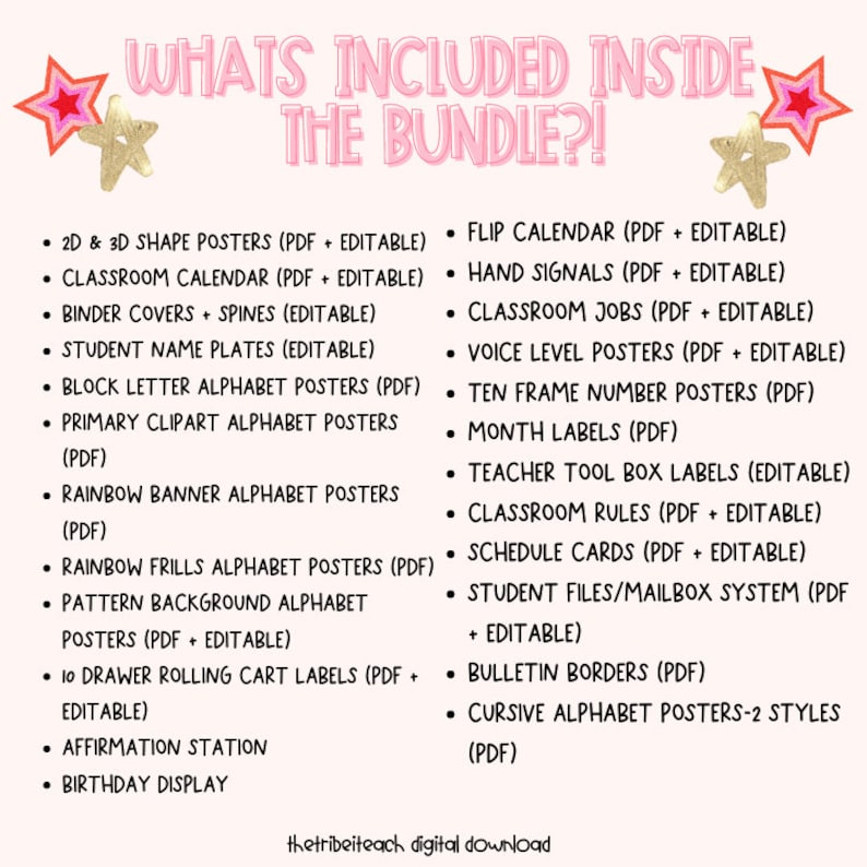 May include: A pink and gold graphic with the text "WHATS INCLUDED INSIDE THE BUNDLE?!" and a list of classroom resources, including posters, calendars, labels, and more. The image has star accents.