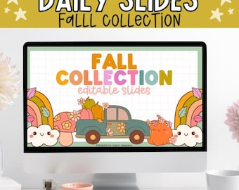 May include: A computer monitor displays a colorful fall-themed graphic with the text "FALL COLLECTION editable slides." The graphic includes a truck carrying pumpkins, rainbows, mushrooms, and smiling clouds. The top banner reads "DAILY SLIDES FALL COLLECTION."