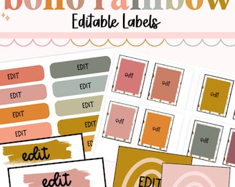Klassenzimmeretiketten, bearbeitbare Etiketten, Boho-Regenbogen, Klassenzimmerorganisation, Klassenzimmerdekor, Klassenzimmermanagement, Schulanfang, bearbeitbar