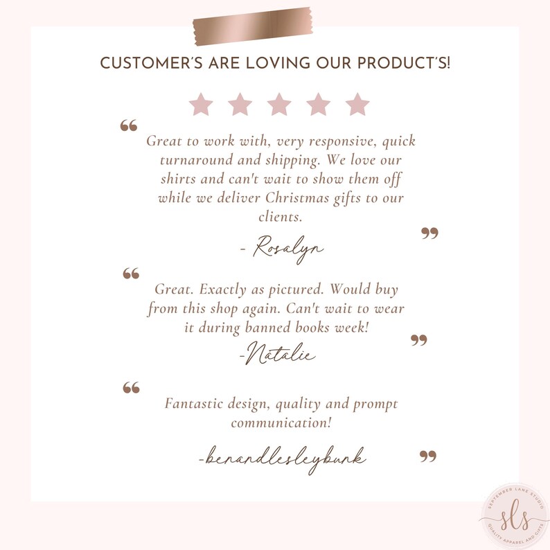 May include: A light pink background with text that reads "CUSTOMER'S ARE LOVING OUR PRODUCT'S!". The image includes customer reviews and five pink stars. The shop's logo is in the bottom right corner.