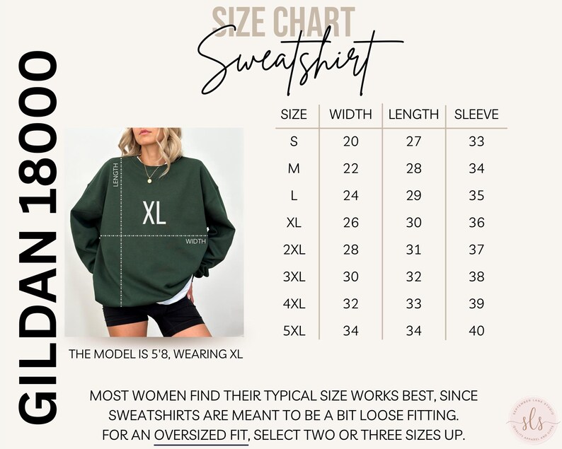 May include: A dark green Gildan 18000 sweatshirt with an XL size label. The image includes a size chart with measurements in inches for width, length, and sleeve length. The model is 5'8" and wearing an XL. Text on the image advises on sizing.