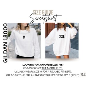 K&ouml;nnte beinhalten: Gr&ouml;&szlig;entabelle f&uuml;r wei&szlig;e Gildan 18000 Sweatshirts. Das Bild zeigt zwei Models, die wei&szlig;e Sweatshirts tragen. Eines hat die Gr&ouml;&szlig;e M, das andere 2XL. Der Text auf dem Bild lautet: "AUF DER SUCHE NACH EINER &Uuml;BERGR&Ouml;SSE? ZUR REFERENZ: DAS MODEL IST 1,73 m GRO&szlig;. TR&Auml;GT NORMALERWEISE GR&Ouml;SSE M F&Uuml;R EINE ENTSPANNTE PASSFORM (LINKS). GEHEN SIE 2-3 GR&Ouml;SSEN H&Ouml;HER F&Uuml;R EINEN &Uuml;BERGROSSEN SHIRT-DRESS-STYLE (RECHTS)."