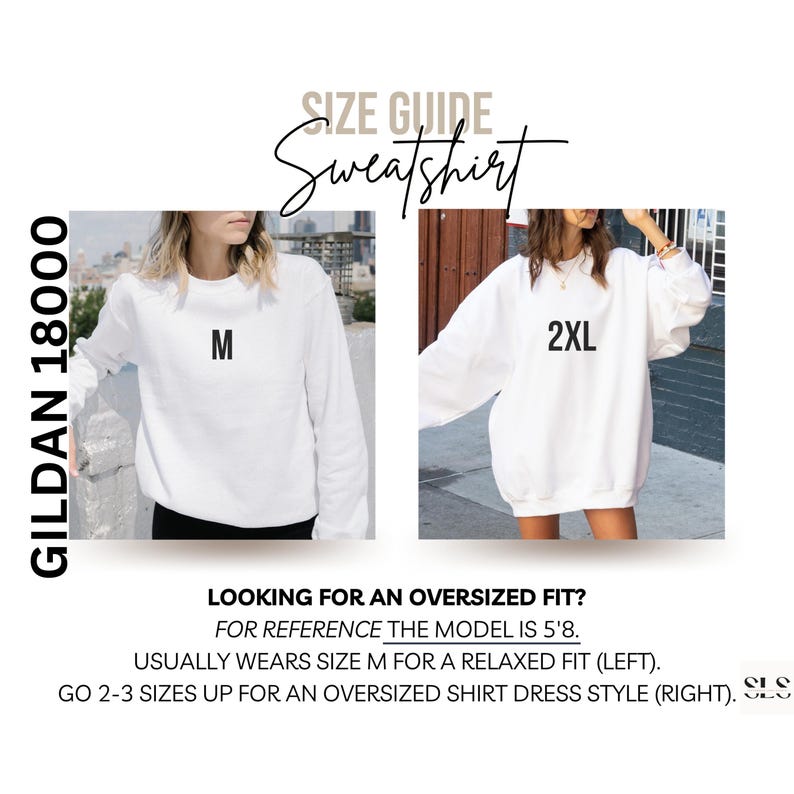 K&ouml;nnte beinhalten: Gr&ouml;&szlig;entabelle f&uuml;r wei&szlig;e Gildan 18000 Sweatshirts. Das Bild zeigt zwei Models, die wei&szlig;e Sweatshirts tragen. Eines hat die Gr&ouml;&szlig;e M, das andere 2XL. Der Text auf dem Bild lautet: "AUF DER SUCHE NACH EINER &Uuml;BERGR&Ouml;SSE? ZUR REFERENZ: DAS MODEL IST 1,73 m GRO&szlig;. TR&Auml;GT NORMALERWEISE GR&Ouml;SSE M F&Uuml;R EINE ENTSPANNTE PASSFORM (LINKS). GEHEN SIE 2-3 GR&Ouml;SSEN H&Ouml;HER F&Uuml;R EINEN &Uuml;BERGROSSEN SHIRT-DRESS-STYLE (RECHTS)."