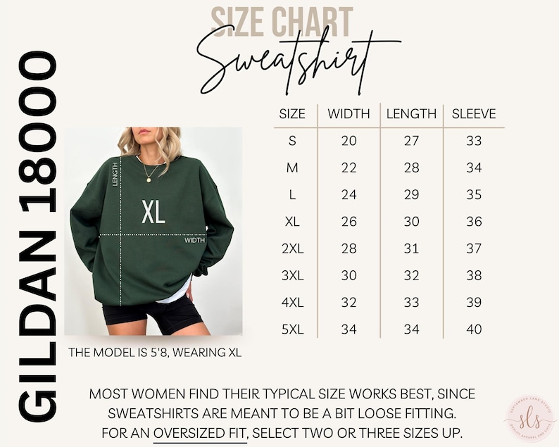 May include: A dark green Gildan 18000 sweatshirt with an XL size label. The image includes a size chart with measurements in inches for width, length, and sleeve length. The model is 5'8" and wearing an XL. Text on the image advises on sizing.