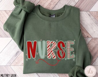Christmas Nursing Sweatshirt, Nurse Christmas Shirt, RN Christmas Shirt, Nurse Holiday Shirts, Gingham Faux Patchwork Style, Size S-3XL