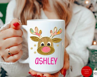 Personalized Reindeer Christmas Name Mug, Custom Coworker Christmas Gift, Office Bestie Gift,Stocking Filler Gift Mug For Kids,Secret Santa