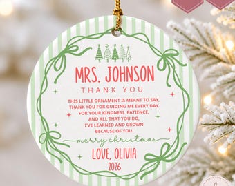 Personalized Teacher Christmas Ornament, Teacher Christmas Gift, Teacher Appreciation Gift,Custom Teacher  Thank You Keepsake,Teacher Bauble