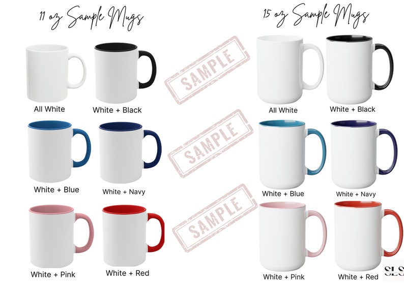 May include: A set of 11 oz and 15 oz sample mugs in various color combinations. The mugs are white with a colored rim and handle. The colors include black, blue, navy, pink, and red.