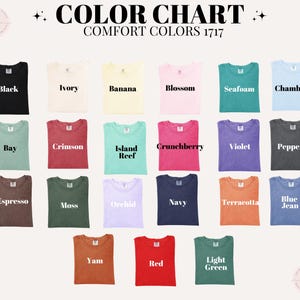 K&ouml;nnte beinhalten: Farbtabelle der Comfort Colors 1717 T-Shirts. Die Tabelle zeigt eine Vielzahl von Farben, darunter Schwarz, Elfenbein, Banane, Bl&uuml;te, Meerschaum, Chambray, Bay, Karmesinrot, Inselriff, Crunchberry, Violett, Pfeffer, Espresso, Moos, Orchidee, Marine, Terrakotta, Blue Jean, Yam, Rot und Hellgr&uuml;n.