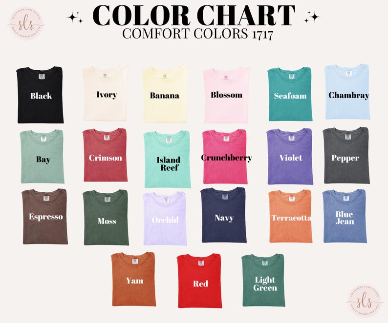 K&ouml;nnte beinhalten: Farbtabelle der Comfort Colors 1717 T-Shirts. Die Tabelle zeigt eine Vielzahl von Farben, darunter Schwarz, Elfenbein, Banane, Bl&uuml;te, Meerschaum, Chambray, Bay, Karmesinrot, Inselriff, Crunchberry, Violett, Pfeffer, Espresso, Moos, Orchidee, Marine, Terrakotta, Blue Jean, Yam, Rot und Hellgr&uuml;n.