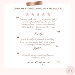 May include: A light pink background with text that reads "CUSTOMER'S ARE LOVING OUR PRODUCT'S!". The image includes customer reviews with five star ratings and quotes from Rosalyn, Natalie, and benandlesleybunk.