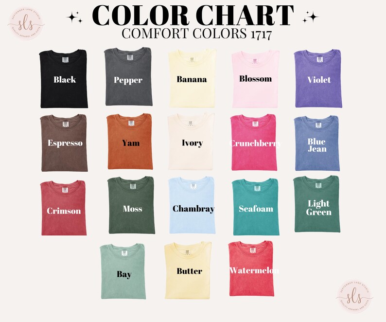 Puede incluir: Una carta de colores de camisetas Comfort Colors 1717, que muestra una variedad de tonos, incluyendo negro, violeta y verde claro. Cada camiseta muestra su nombre de color en texto blanco. La carta incluye un logotipo en la esquina superior izquierda e inferior derecha.