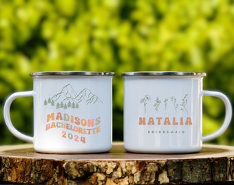 Personalized Retro Camp Bachelorette Party Enamel Camping Mugs, Bridal Party Mug, Bachelorette Cups, Maid of Honor Gift, Customizable Mug
