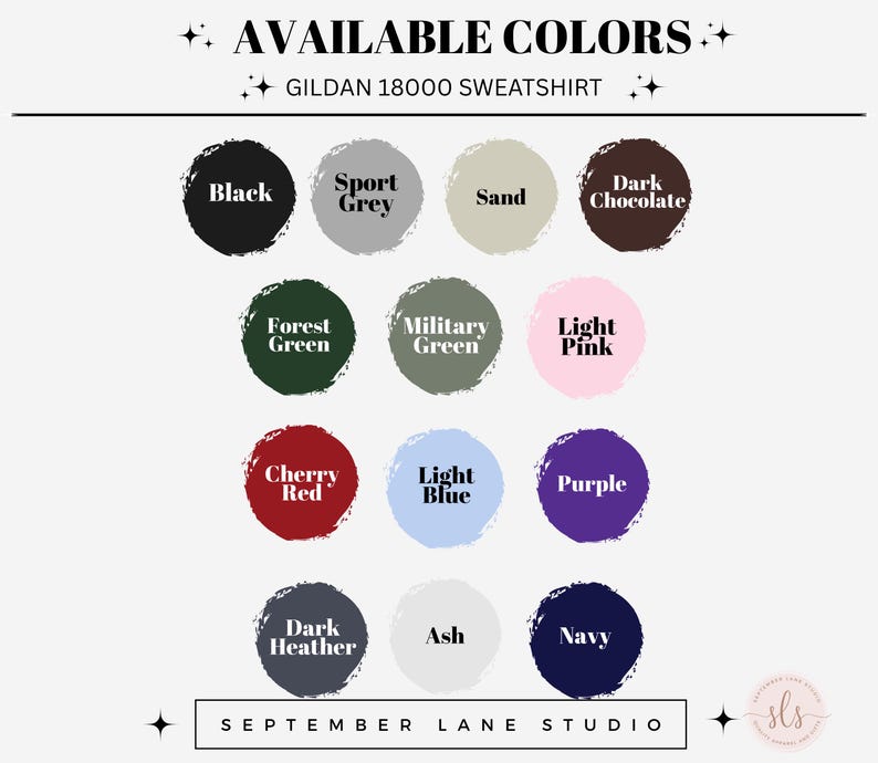 Puede incluir: Gr&aacute;fico que muestra los colores disponibles para una sudadera Gildan 18000. Los colores incluyen negro, gris deportivo, arena, chocolate oscuro, verde bosque, verde militar, rosa claro, rojo cereza, azul claro, morado, gris oscuro, ceniza y azul marino.