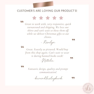 May include: A light pink background with text that reads "CUSTOMER'S ARE LOVING OUR PRODUCT'S!". The image includes customer reviews and five pink stars. The shop's logo is in the bottom right corner.