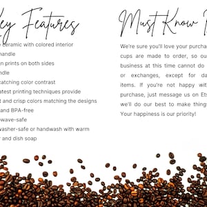 May include: White ceramic coffee mug with a C-shaped handle and colorful designs printed on both sides. The mug is lead and BPA-free, microwave-safe, and dishwasher-safe. The text "Key Features" and "Must Know Bits" is visible in the image.