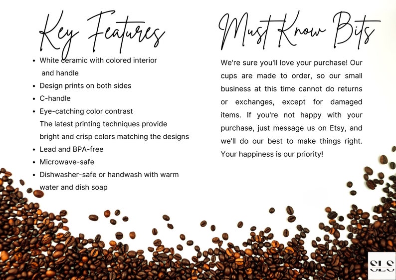 May include: White ceramic coffee mug with a C-shaped handle and colorful designs printed on both sides. The mug is lead and BPA-free, microwave-safe, and dishwasher-safe. The text "Key Features" and "Must Know Bits" is visible in the image.