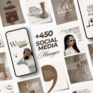 Puede incluir: Una colección de plantillas de marketing para redes sociales con un smartphone que muestra una publicación sobre la coherencia de marca, rodeado de varios gráficos cuadrados con texto, una pieza de ajedrez y una persona con gafas de billetes.