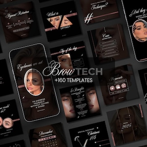 May include: A collection of social media templates for brow technicians. The templates feature a black background with rose gold accents and text that includes "Brow Tech", "+160 Templates", "Eyebrows are art", "Care Henna Pots", "Tip of the day", "3 Benefits", "Payments", "December", "Special Discount Christmas 10%", "Trend 2025", and "Did they work on eyebrow".