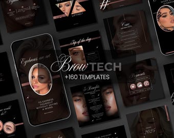 May include: A collection of social media templates for brow technicians. The templates feature a black background with rose gold accents and text that includes "Brow Tech", "+160 Templates", "Eyebrows are art", "Care Henna Pots", "Tip of the day", "3 Benefits", "Payments", "December", "Special Discount Christmas 10%", "Trend 2025", and "Did they work on eyebrow".