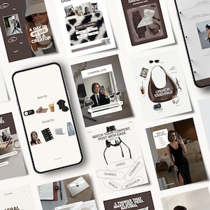 Puede incluir: Una colección de plantillas digitales para redes sociales con varios diseños, incluyendo una pantalla de smartphone que muestra una lista born to forced to, elementos esenciales para creadores, gráficos de contenido y fotos de estilo de vida.