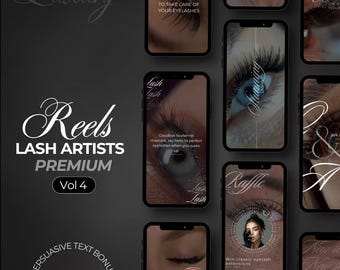May include: A promotional image for lash artists, featuring a dark background with the word "Luxury" in cursive. The image includes several smartphone screens with lash-related content, and text that says "Reels, LASH ARTISTS PREMIUM Vol 4".