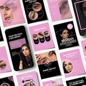 May include: A collection of digital marketing graphics for lash services featuring pink and black color schemes. The images display text, close-up photography of eyes with eyelash extensions, and a smartphone interface showing a lash artist.