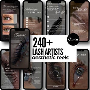 May include: A collection of digital social media templates for lash artists displayed on multiple smartphone screens. The dark-themed graphics feature close-up photography of human eyes with lifted eyelashes and text overlays about lash lift services.