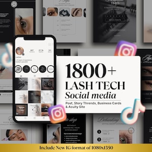 Puede incluir: Una imagen promocional para técnicos de pestañas, que presenta un teléfono inteligente que muestra un perfil de Instagram y varios gráficos de redes sociales. El texto dice "1800+ LASH TECH Social media" con detalles sobre publicaciones, historias y tarjetas de visita.
