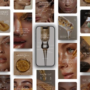 Może przedstawiać: Kolekcja reklam produktów kosmetycznych w neutralnej palecie kolorów. Reklamy zawierają zbliżenia produktów do pielęgnacji skóry, składników i twarzy. Tekst zawiera zwroty takie jak "Benefits of Peptides" i "Discover our Argan Oil."