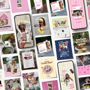 May include: A digital collage of social media templates featuring pink and pastel colour schemes, various photo frames, text overlays, and graphic elements like flowers and stars, designed for content creators to organise and display lifestyle imagery.